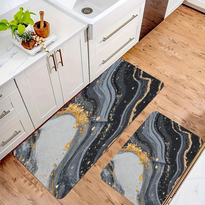 Ensemble de 2 tapis de cuisine à texture d'encre noire et dorée, Marbre noir