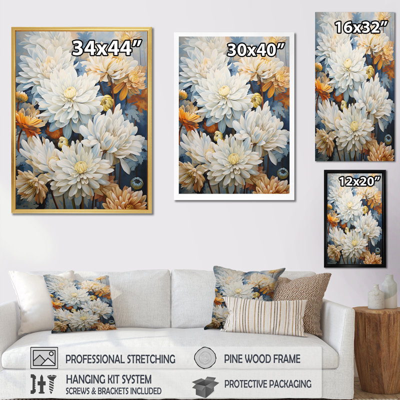 "Mums", peinture sur toile beige et blanche I, Cadre simple blanc, H 20 po x l 12 po x P 1 po