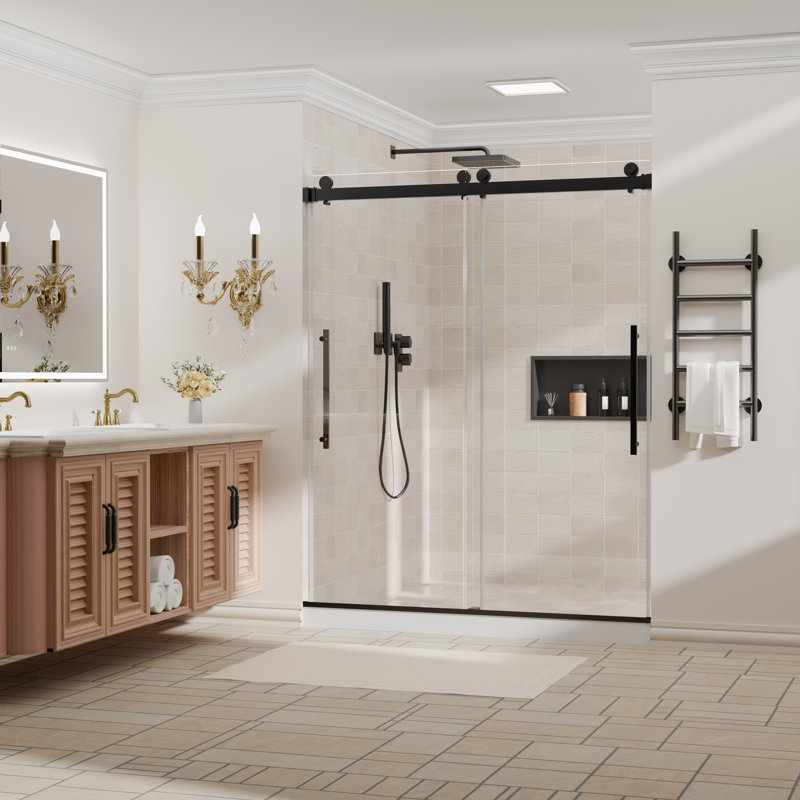 44–48" W x 74" H Semi-Frameless Double Sliding Shower Door, Matte Black, 1/4" Clear Tempered Glass