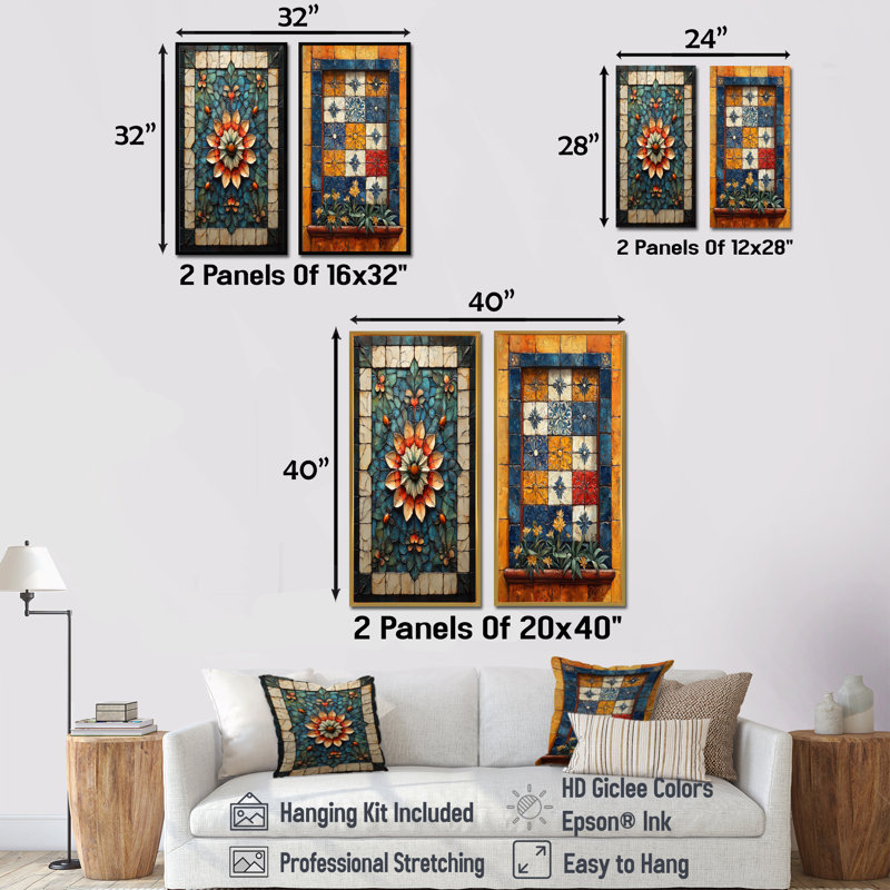 Ensemble de 2 pièces de carreaux orange de style balkanien I - Boho Tiles, H 40 po x l 40 po, Cadre flottant érable