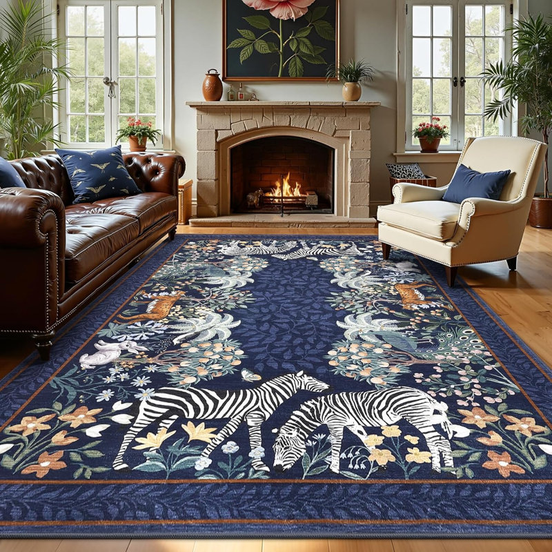 Zebra Navy Blue Washable Rugs 8X10 For Playroom Vintage Jungle Woodland Forest Safari Animal Print Rug Low Pile Botanical Kids Rugs For Living Room Kitchen Nursery Room