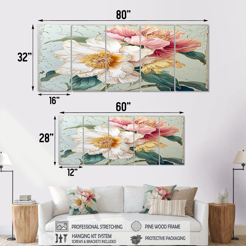 Kandiyohi - pivoine, art mural 5 pièces, H 32 po x l 80 po