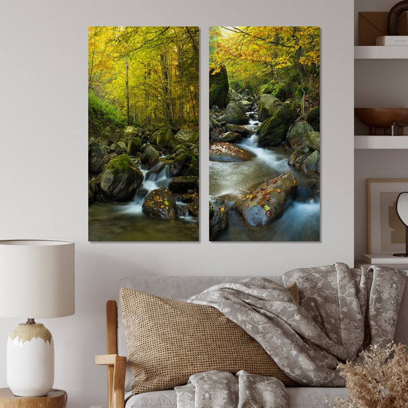 «Beautiful Summer Forest Waterfall», ensemble de 2 peintures sur toiles, Toile tendue, H 20 po x l 24 po x P 1 po
