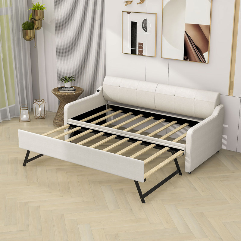 Krishn Twin Size Upholstery DayBed with USB Charging Design, Beige