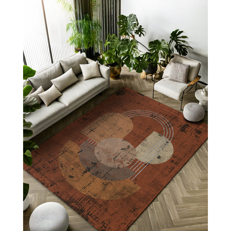 Modern Collection Digital Print Cotton-Polyester Brown Geometric Rug, Runner 3'4" x 16'5"
