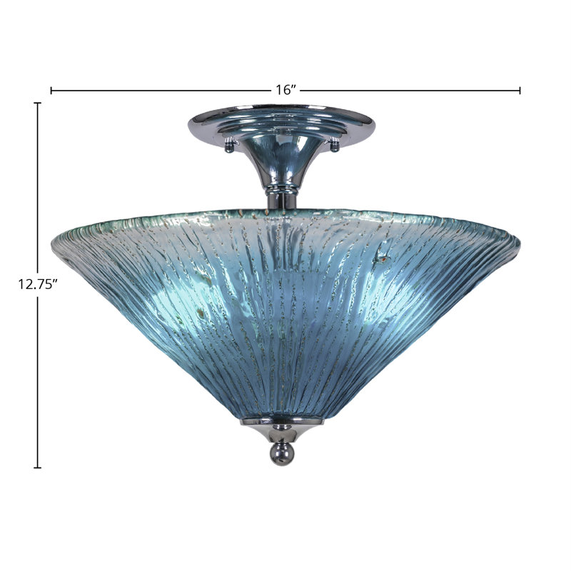 Semi-Flush 2 Bulbs With 16" Crystal Glass, Teal, Chrome