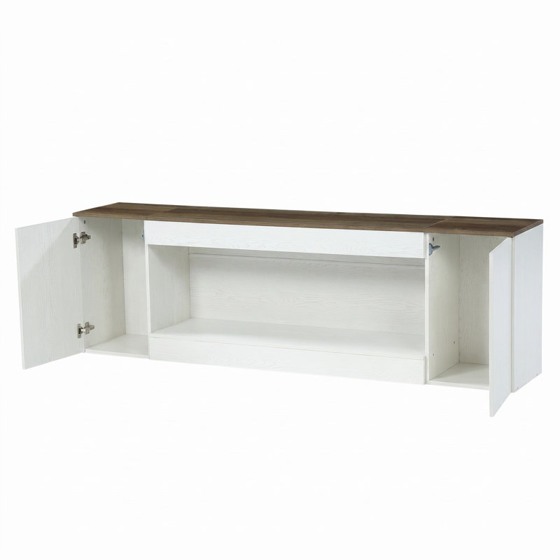 Console très longue 78,94 po avec rangement, canapé d'entrée à deux tons à profil bas avec armoires ouvertes et tablette ouverte