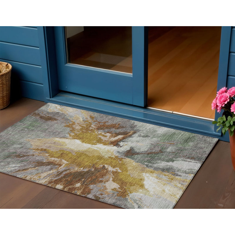 Tapis intérieur lavable abstrait doré et gris 3 pi x 5 pi