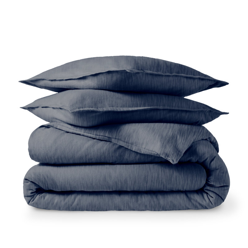 100% Cotton Flannel Duvet Cover Set, Queen Duvet Cover + 2 Standard Shams, Heather Indigo