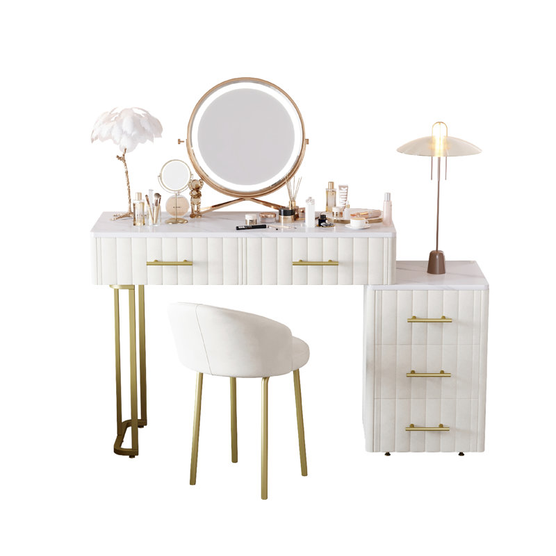 Velvet Upholstered Dressing Desk, 5 Drawers, Chair, Beige Color, Marble - Look Tabletop, Gold Metal Accents, Left/Right Drawer Adjustment, Adjustable Storage Configuration, Chair Vanity In Beige,