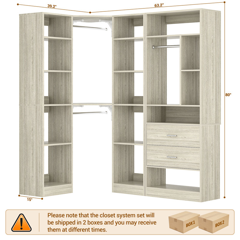 63.2" L X 39.2" W X 80" H Corner Closet System,Freestanding Closet Organizer System With 2 Drawers & 12 Shelves, Beige
