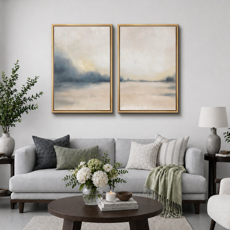 «Landscape Abstract Shapes Illustration», reproduction encadrée sur toile 2 pièces, H 36 po x l 48 po, Cadre naturel flottant
