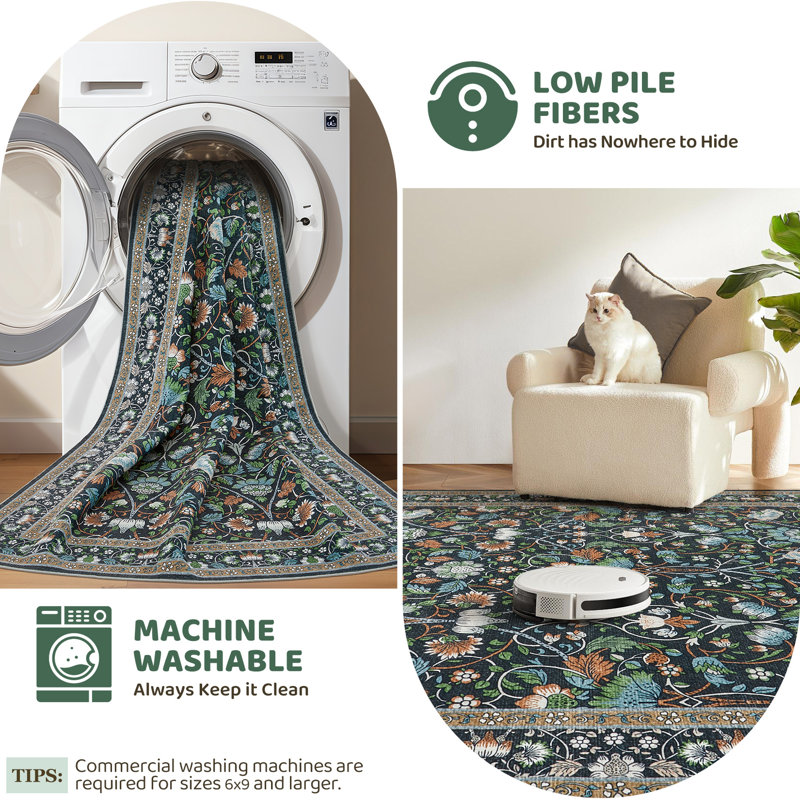 Tapis floral antidérapant lavable à l'intérieur, Rectangle 10 pi x 14 pi