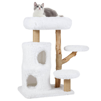 30.5 Cat Tower with Real Solid Wood Branches, Scratching Posts, 2-storey Condo White+Natural