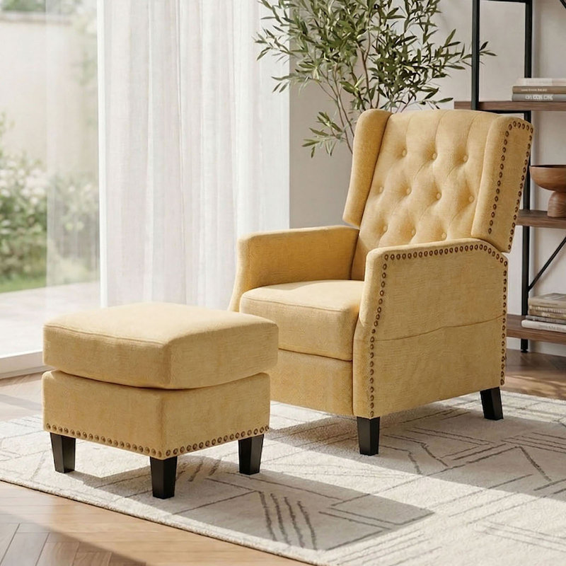 Pushback Reclining Chair Armchair with Footstool, Yellow Chenille