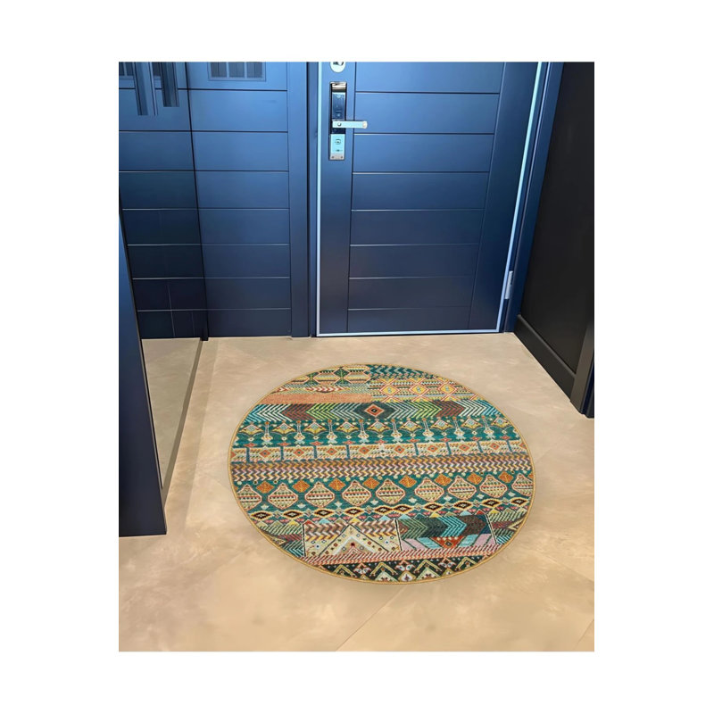 Green Beige Ethnic Pattern Detailed Woven Base Modern Decorative Carpet, Round 5'