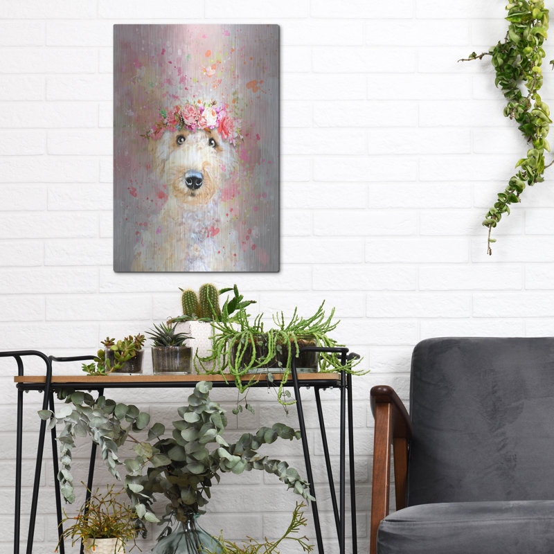 Art mural en métal Red Barrel Studio® «Flower Crown Goldendoodle» par Furbaby Affiliates, H 16 po x l 12 po