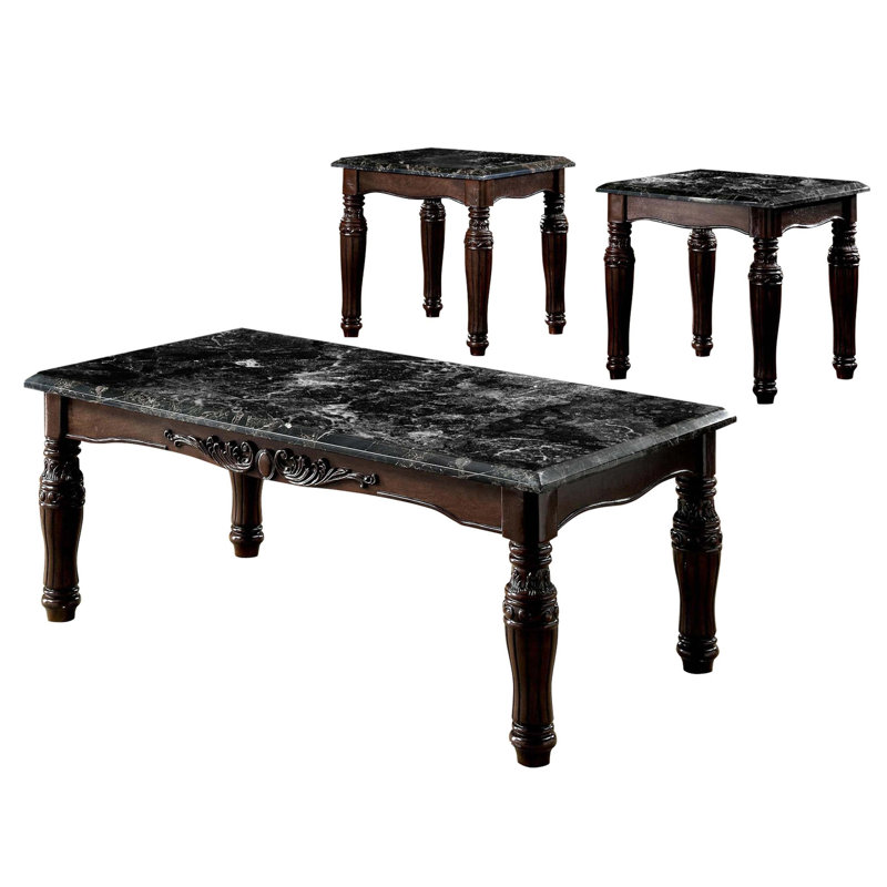Traditional Espresso Solid wood 3pc Tables Set 1x Coffee Table and 2x End Tables Faux Marble Top