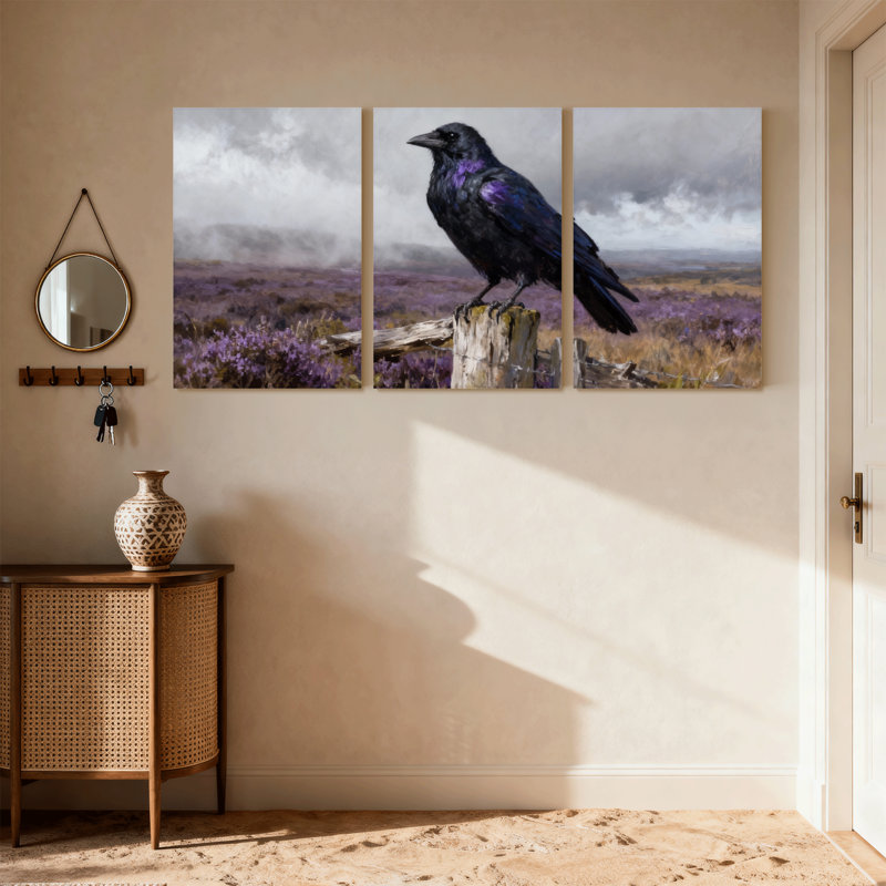 Oiseaux Corbeau perché sur une souche dans un champ mauve, ensemble de 3 impressions sur toile, H 24 po x l 48 po
