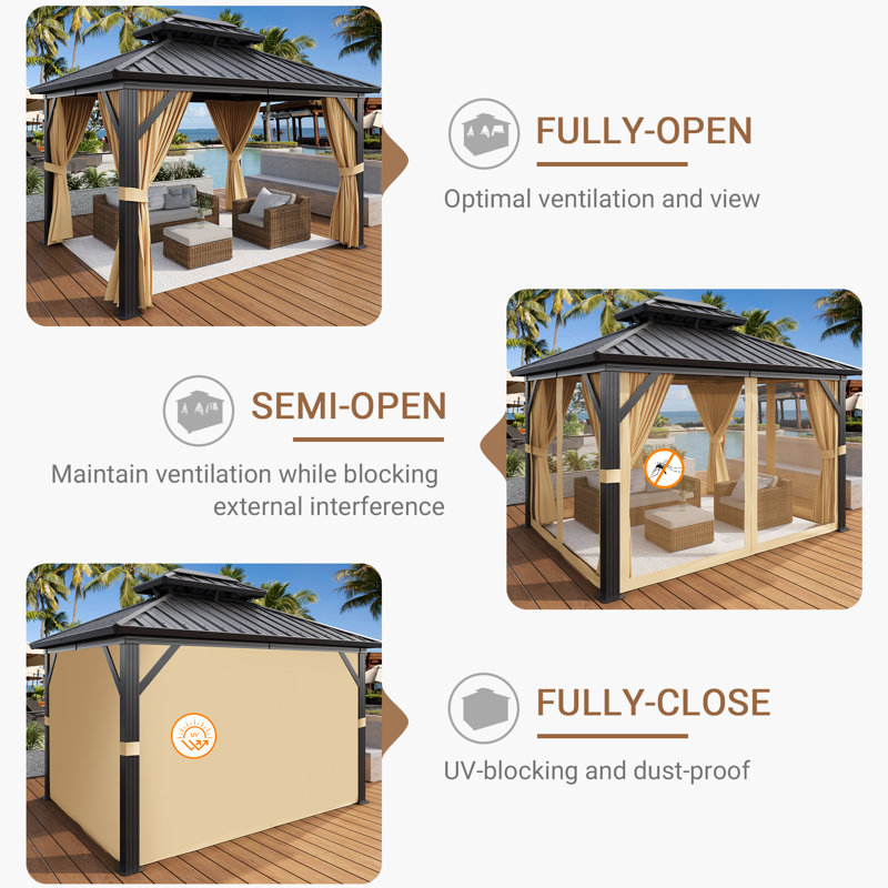 12'x10'  Aluminum Frame Hardtop Gazebo with Netting and Curtains for Lawn, Garden, Patio