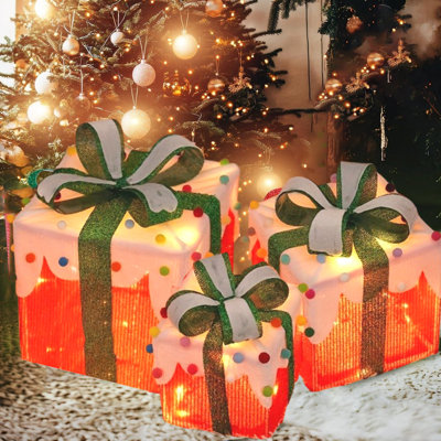 Christmas Lighted Boxes Set Of 3 LED Light Up Decor Outdoor Light Up Christmas Boxes Present Decorations Outdoor Yard 3AA Without Battery
