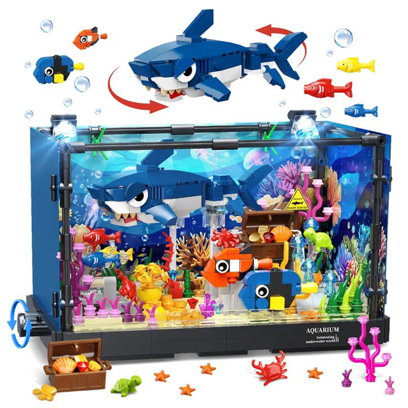 Ensemble de construction d'aquarium à requins avec lumières DEL, animaux marins mobiles, jouet pour enfants de 8 à 14 ans et plus