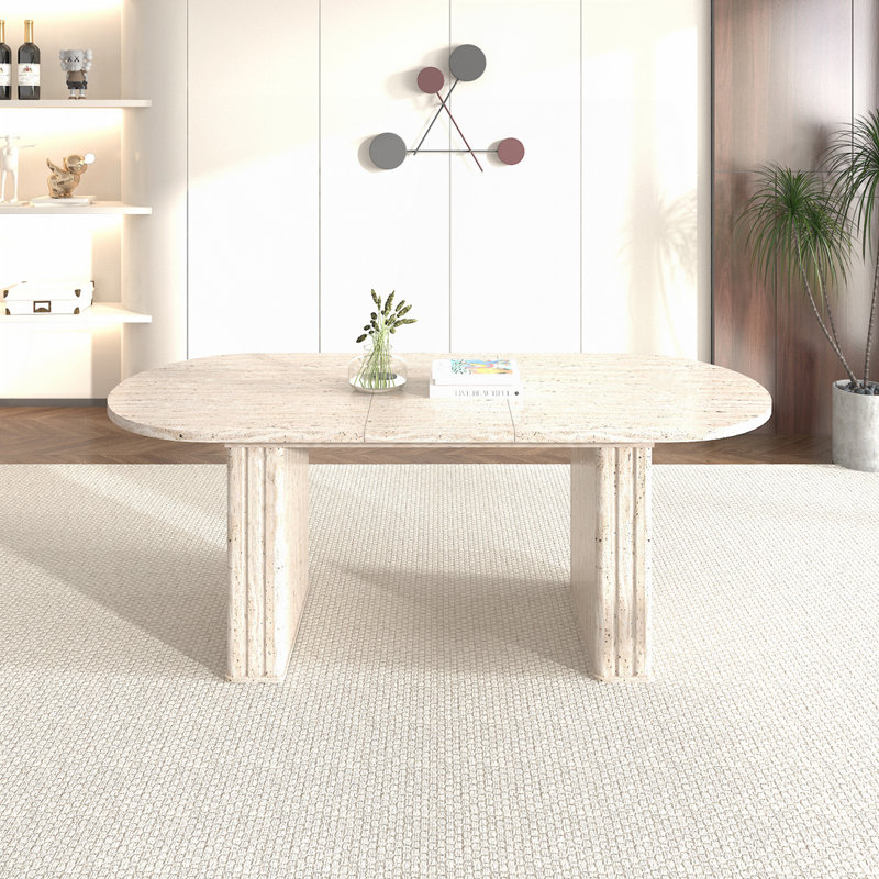 Table de cuisine extensible ovale pour 4-8 personnes avec finition d'inspiration travertin