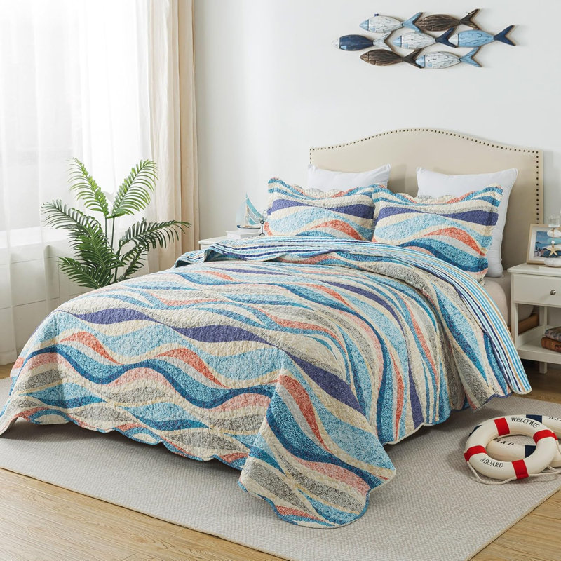 3pcs Hand-Quilted Nautical Blue Wave Bedspread Set - Cotton Filling & Microfiber Cover, Ocean-Style, 1 Bedspread And 2 Pillowcases, All-Season Breathable, Machine Washable, Queen/King Size for Bedroom Guest Room
