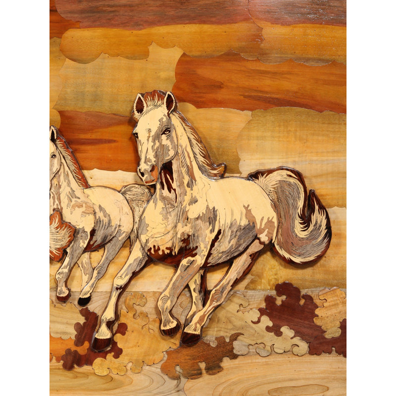 Très grand art mural en bois incrusté 3D "Seven Vastu Horses", 72 pouces pour la prospérité et le succès