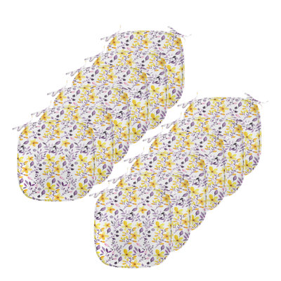 Flower Chair Seating Cushion Set Of 12, Pattern With Flowers And Leaves Ling Foliage Spring Rural Print, Seat Pads For Office With Anti-Slip Backing, 40 Cm X 40 Cm, Yellow Purple White