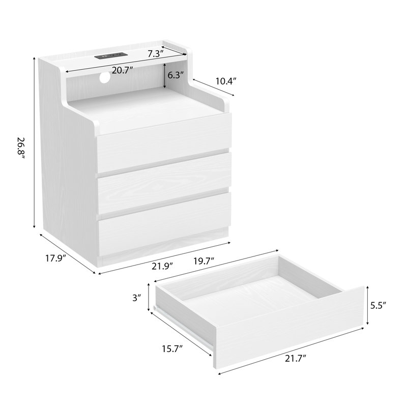 Table de chevet à 3 tiroirs avec borne de recharge, White