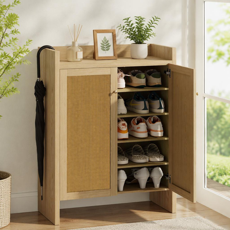 Range-chaussures en rotin à 6 niveaux avec tablettes réglables, Naturel