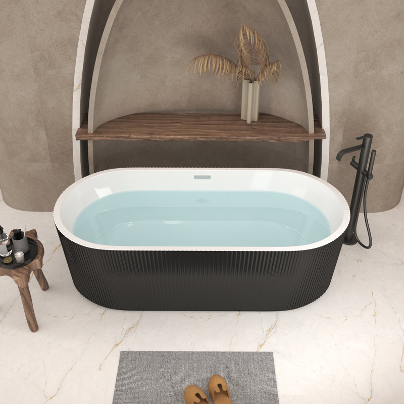 Baignoire profonde autoportante rectangulaire en acrylique noire 59 po avec rétention de chaleur à double paroi et bonde escamotable chromée 59 po