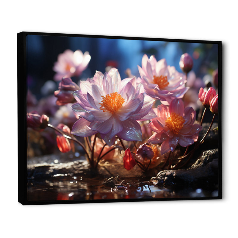 Attilia - Fleurs roses dans un jardin enchanté - impression, H 34 po x l 44 po x P 1,5 po, Cadre flottant noir