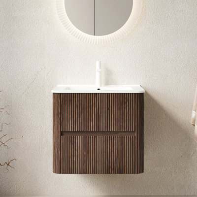 Meuble-lavabo 24 po avec lavabo en céramique blanc, 2 tiroirs, noyer rétro, tiroir portatif, pré-assemblé, lisse et silencieux