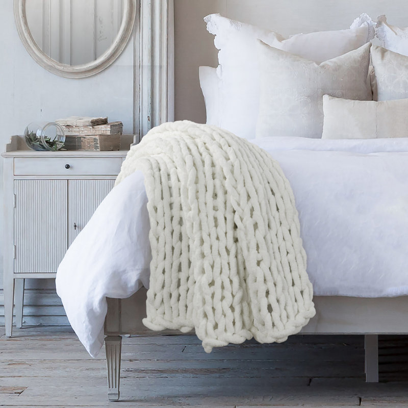 Ivory Knitted Reversible Chenille Throw Blanket