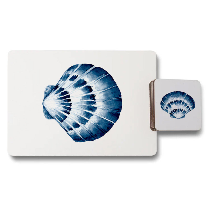 Blue Seashell Placemats Coasters Set With Wood Base Designer Artwork Collection 12 Pieces