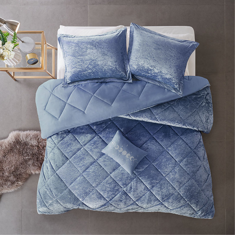 Ensemble d'édredon en velours simple / simple TG avec coussin décoratif, Bleu