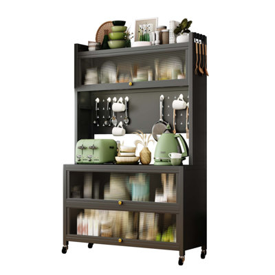 65'' Tall Kitchen Bakers Rack With Flip Door Cabinet, 5 Tier Multifunctional Microwave Stand Buffet