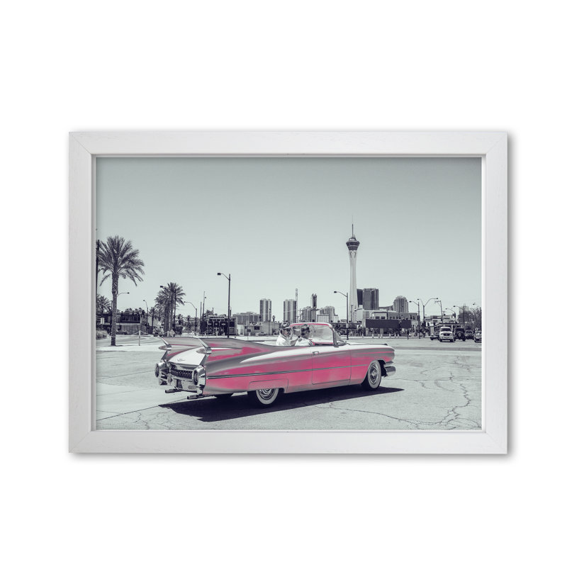 Retro Pink Car - Print, White Grain Frame, 60 cm H x 42 cm W x 5 cm D