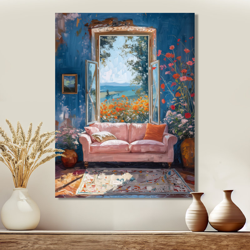 «Blue Pink Chateau Chic Window Blooms - Chateaus», reproduction d'art murale, Toile tendue, H 40 po x l 30 po x P 1,5 po
