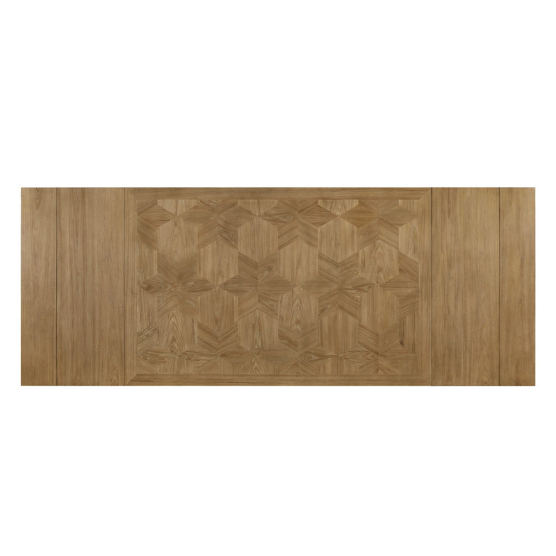 Table à tréteaux avec placage géométrique, finition noix de cajou, longueur de 84 po s'étendant jusqu'à 114 po, placages, bois massif +, largeur de 44 po, hauteur de 30 po - table colorée, extension de 114 po, haut, large, haut, 229 lb