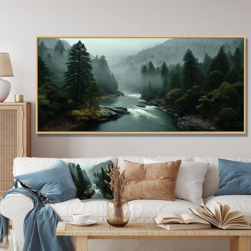 «Morning Mist In The Vancouver Mountains - Forest River Mountains, reproduction d'art sur toile, paysage vert», Noir