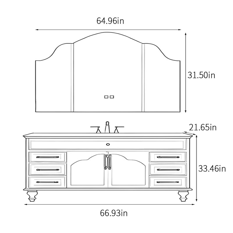 French style retro modern bathroom cabinet, 67", Black