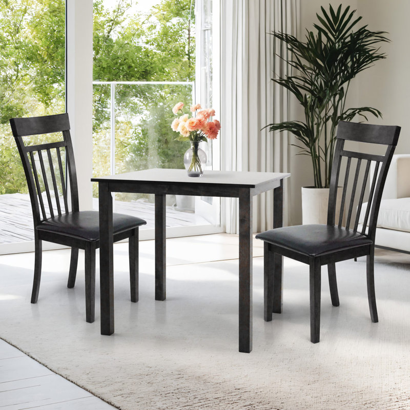 3-Piece Dining Table Set, 2 Classic Style Solid Wood Warm Chairs with Round Dining Table, Kitchen Room Set, with PU Leather Fabric