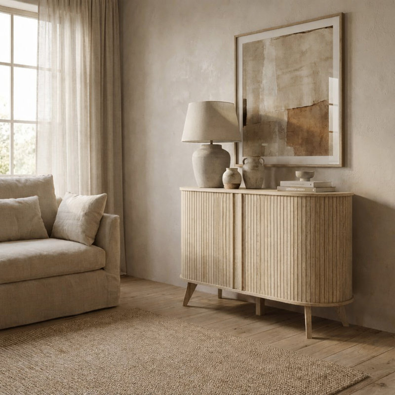 Buffet ovale cannelé moderne avec portes coulissantes de 42,1 po Aurel, Beige