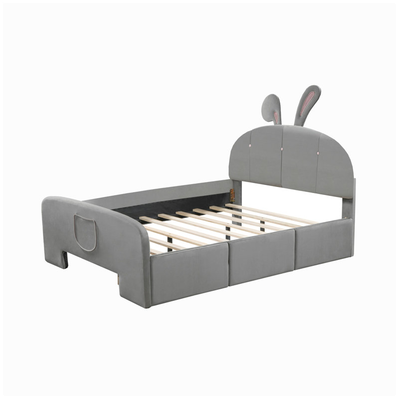 Lit plateforme en velours avec tête de lit en forme de lapin, avec tiroirs et poche de rangement à l'extrémité du lit, Gris