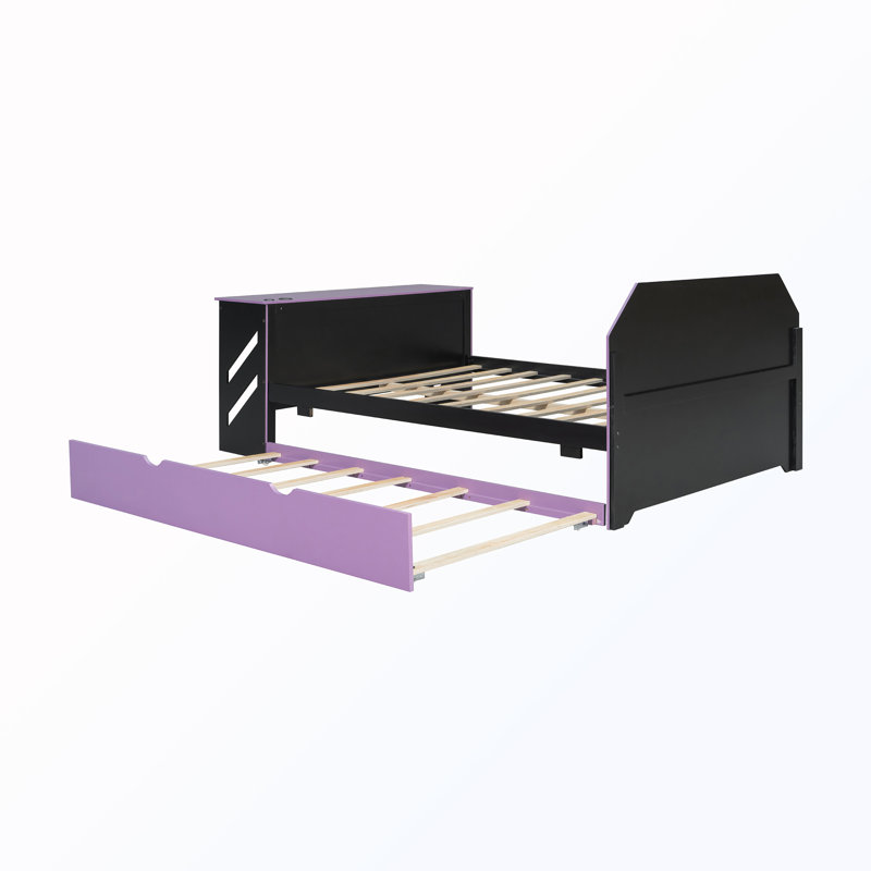 Lit de jour double avec lit gigogne simple et bureau et port USB, Purple&Black
