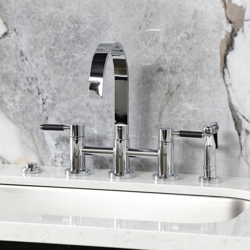 Kingston Brass Kaiser Two-Handle 4-Hole Deck Mount Bridge Kitchen Faucet with Brass Side Sprayer, Polished Chrome