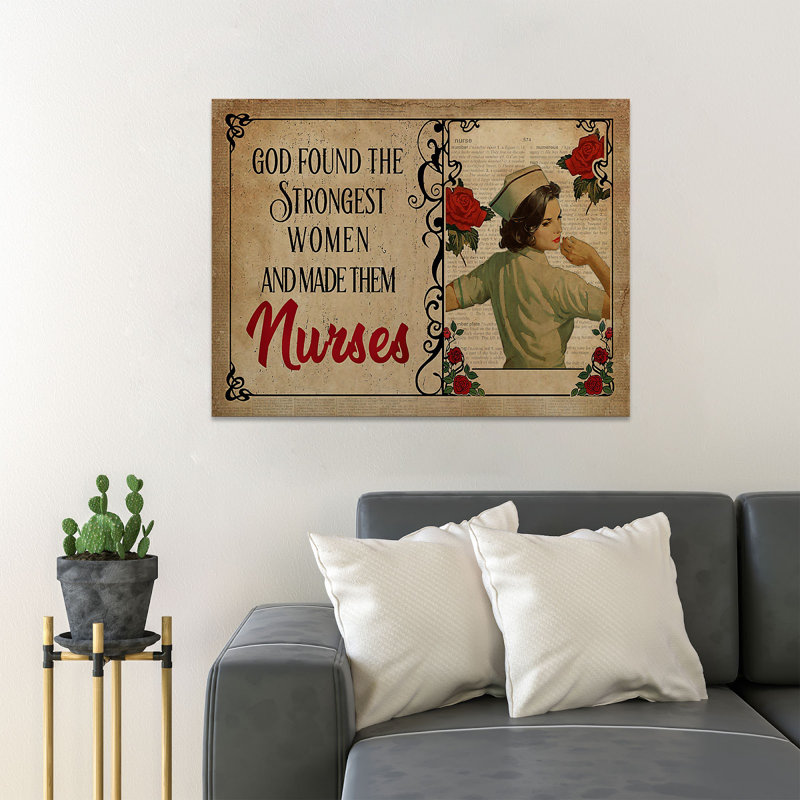«Nurse And Flowers - God Found The Strongest Women», reproduction d'art graphique sur toile tendue